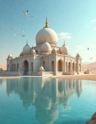 The primary subject of the image is a large, white, and gold palace with a reflecting pool in front of it. The palace is surrounded by a desert landscape, giving it a majestic and serene atmosphere. The visual style of the image is a digital art, which adds a sense of depth and realism to the scene. The colors and mood of the image are predominantly neutral, with the white and gold palace standing out against the desert backdrop.